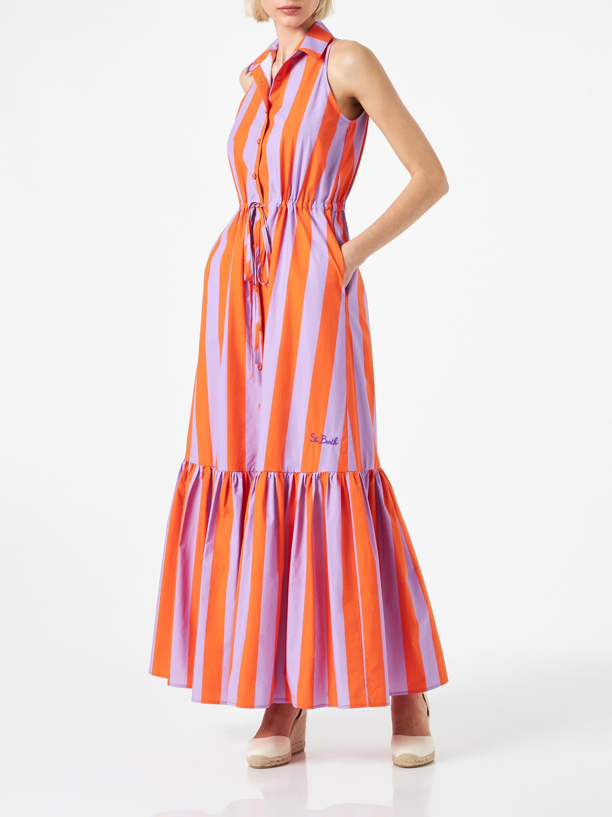 Ida Cotton Long Dress With Striped Print Orange