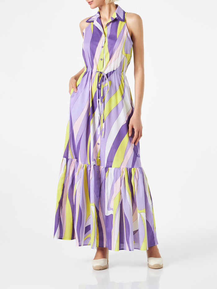 Ida Cotton Long Dress With Wave Print Pink