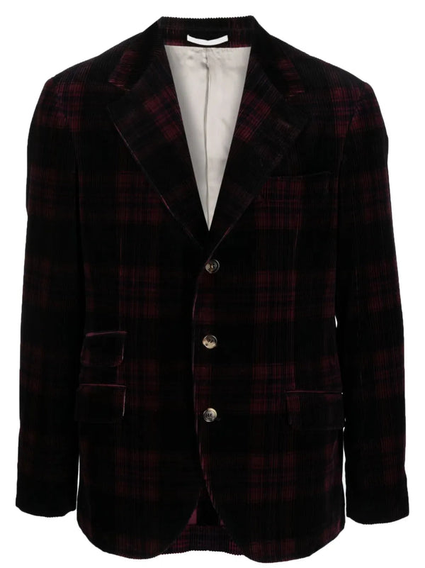 Brunello Cucinelli Mens Burgundy Plaid Corduroy Blazer Red Clothing