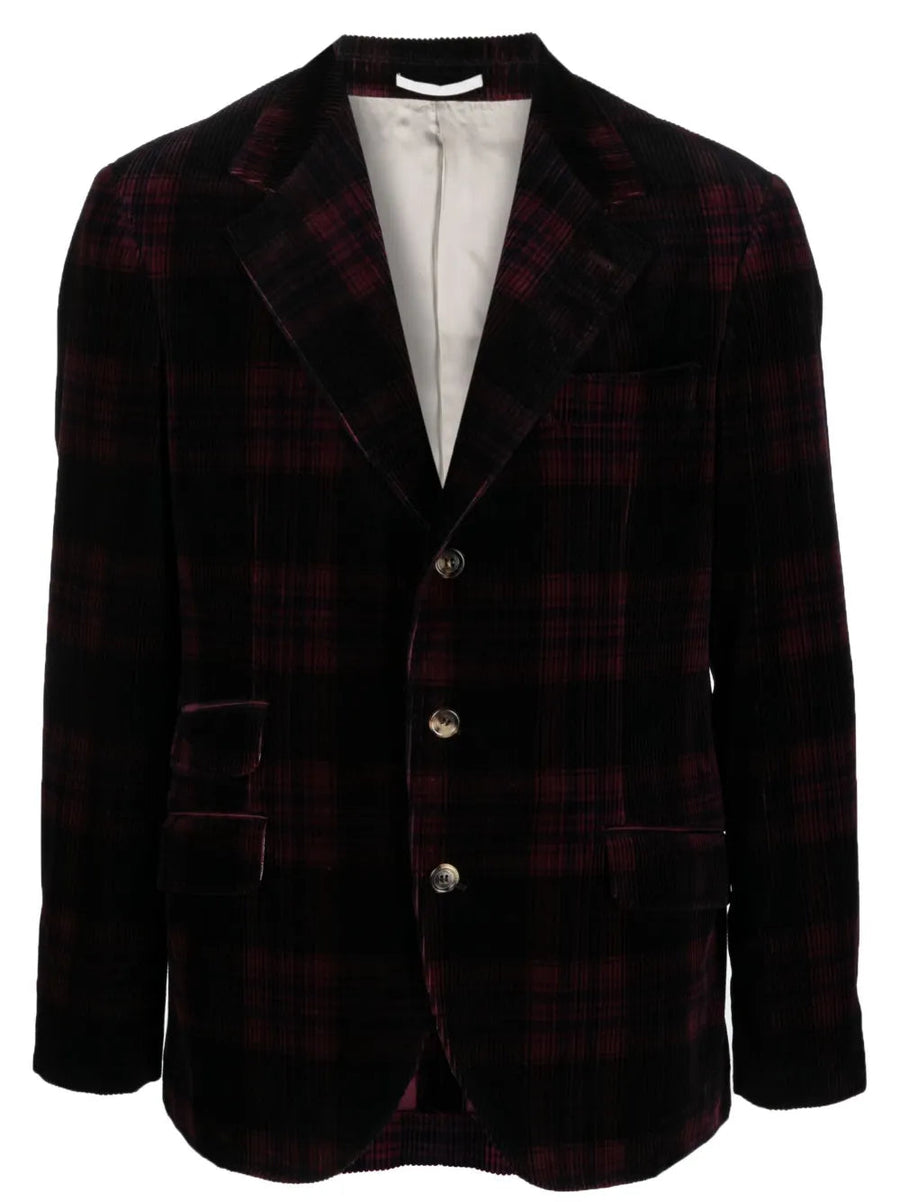 Brunello Cucinelli Mens Burgundy Plaid Corduroy Blazer Red Clothing