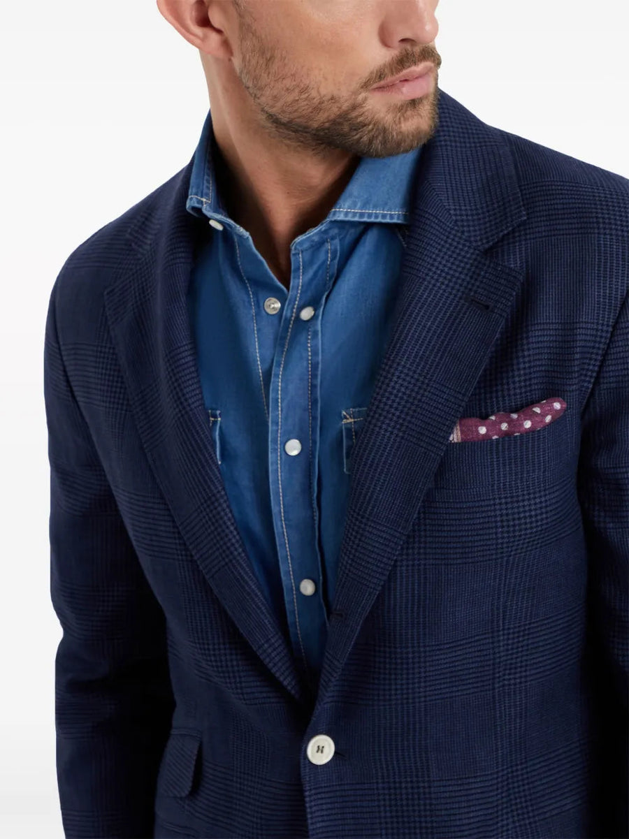 Brunello Cucinelli Mens Navy Plaid Deconstructed Blazer Blue Clothing