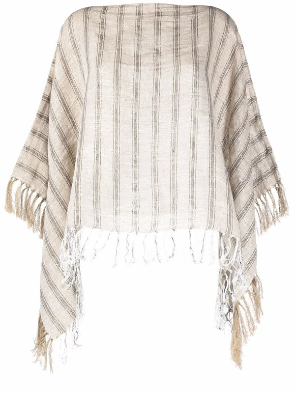 Brunello Cucinelli Striped Tassel-Trim Poncho Black Clothing