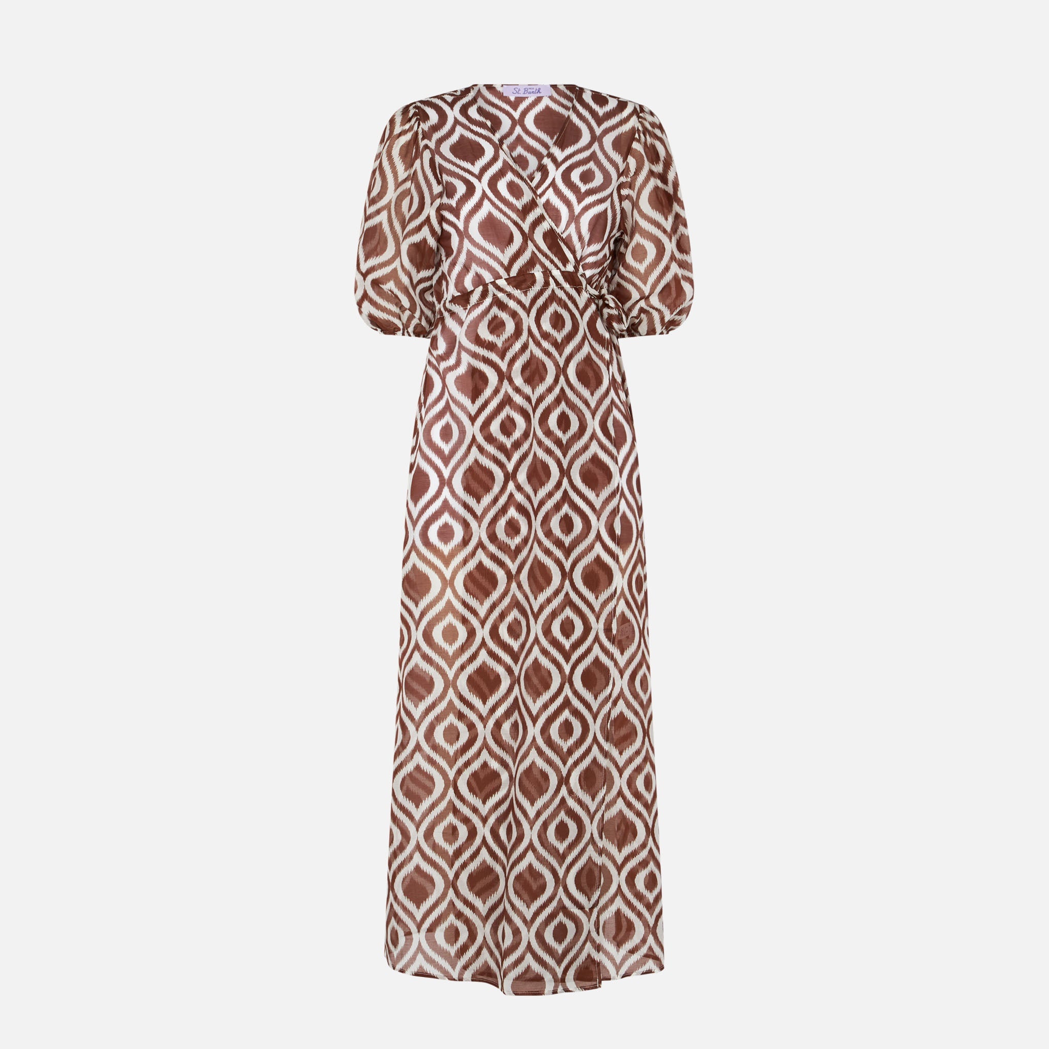 Cotton And Silk Long Beach Dress Bliss With Ikat Print Brown Robe