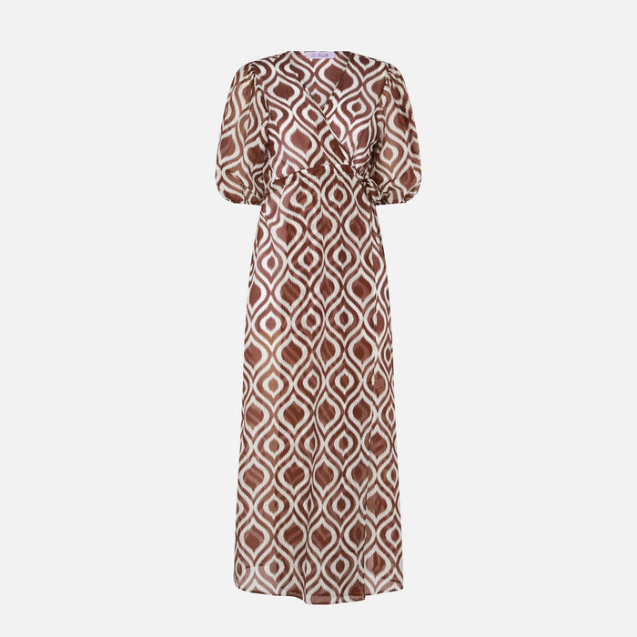 Cotton And Silk Long Beach Dress Bliss With Ikat Print Brown Robe