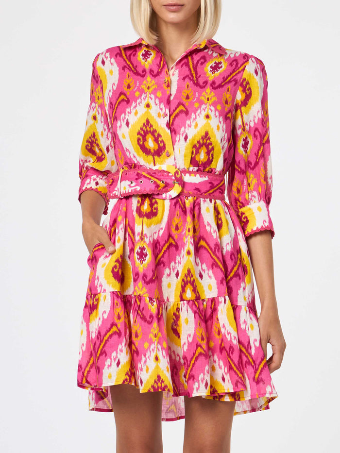 Fuchsia And Yellow Daisi Linen Short Dress With Ikat Print Pink