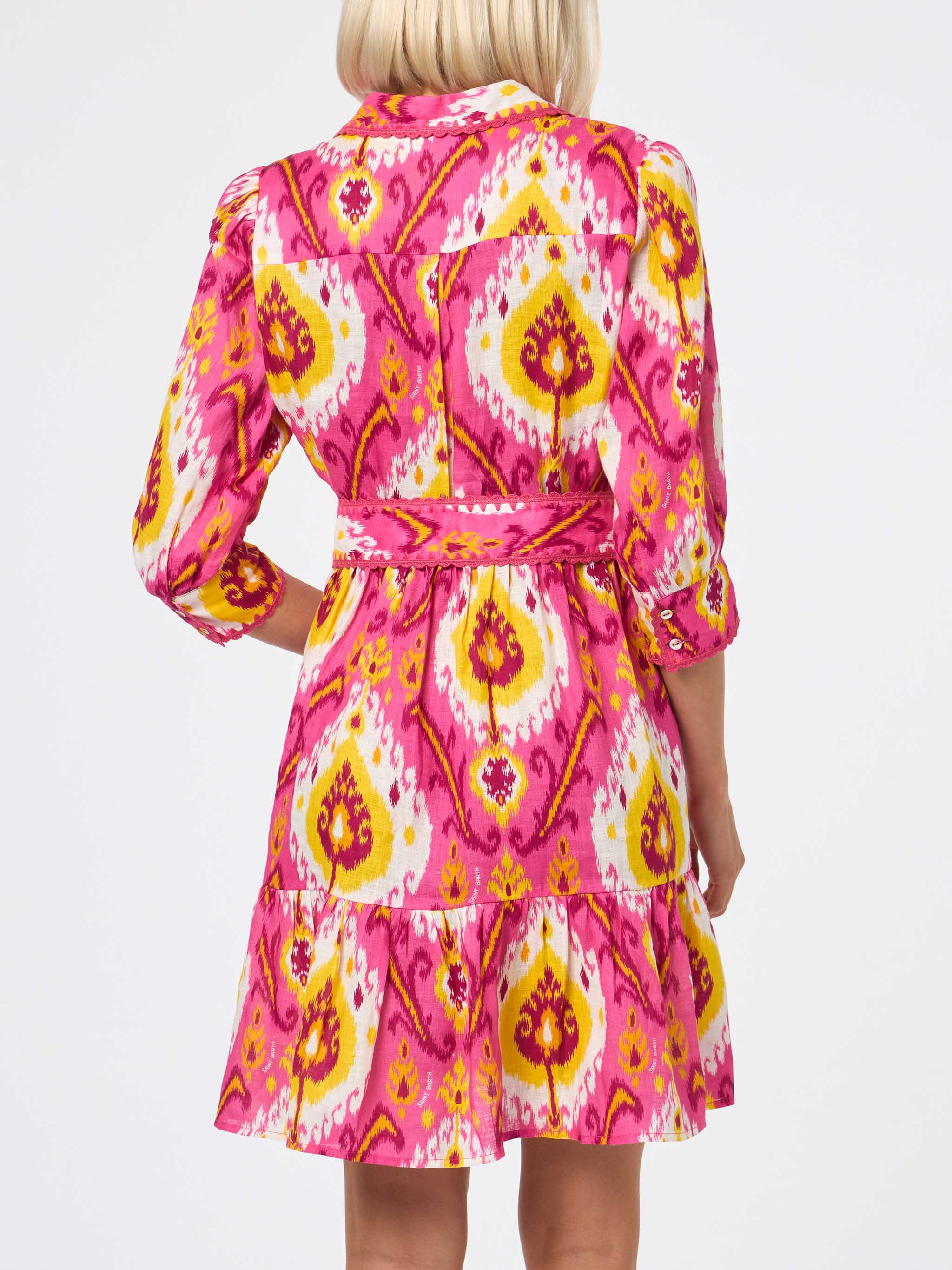 Fuchsia And Yellow Daisi Linen Short Dress With Ikat Print Pink