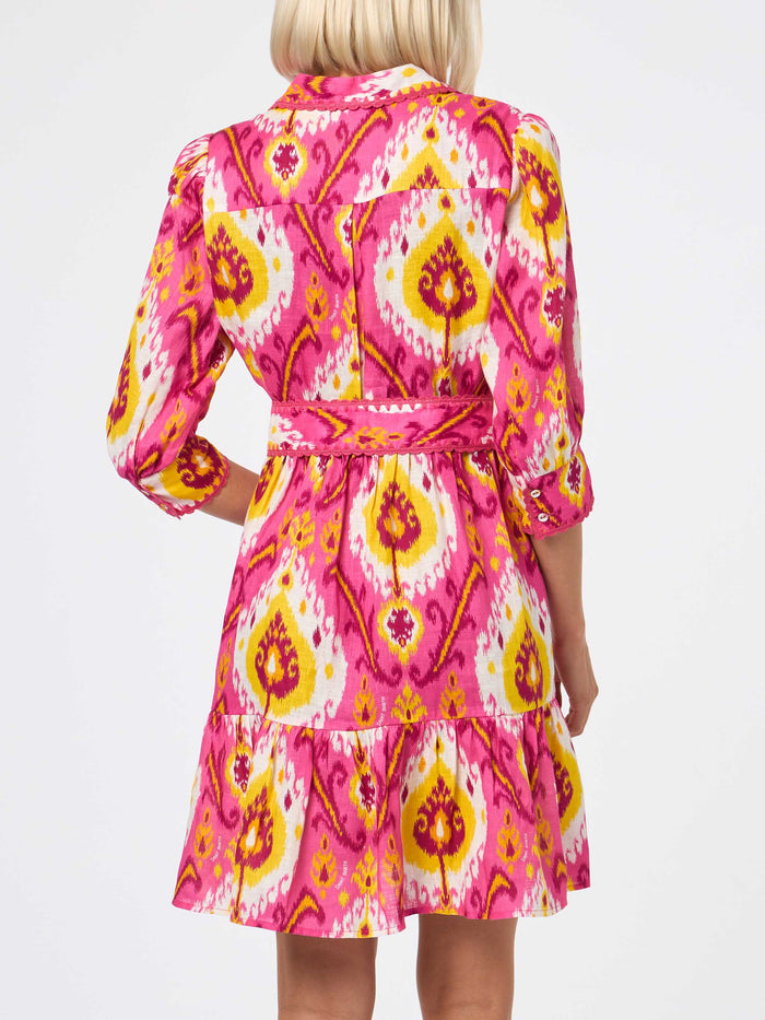 Fuchsia And Yellow Daisi Linen Short Dress With Ikat Print Pink