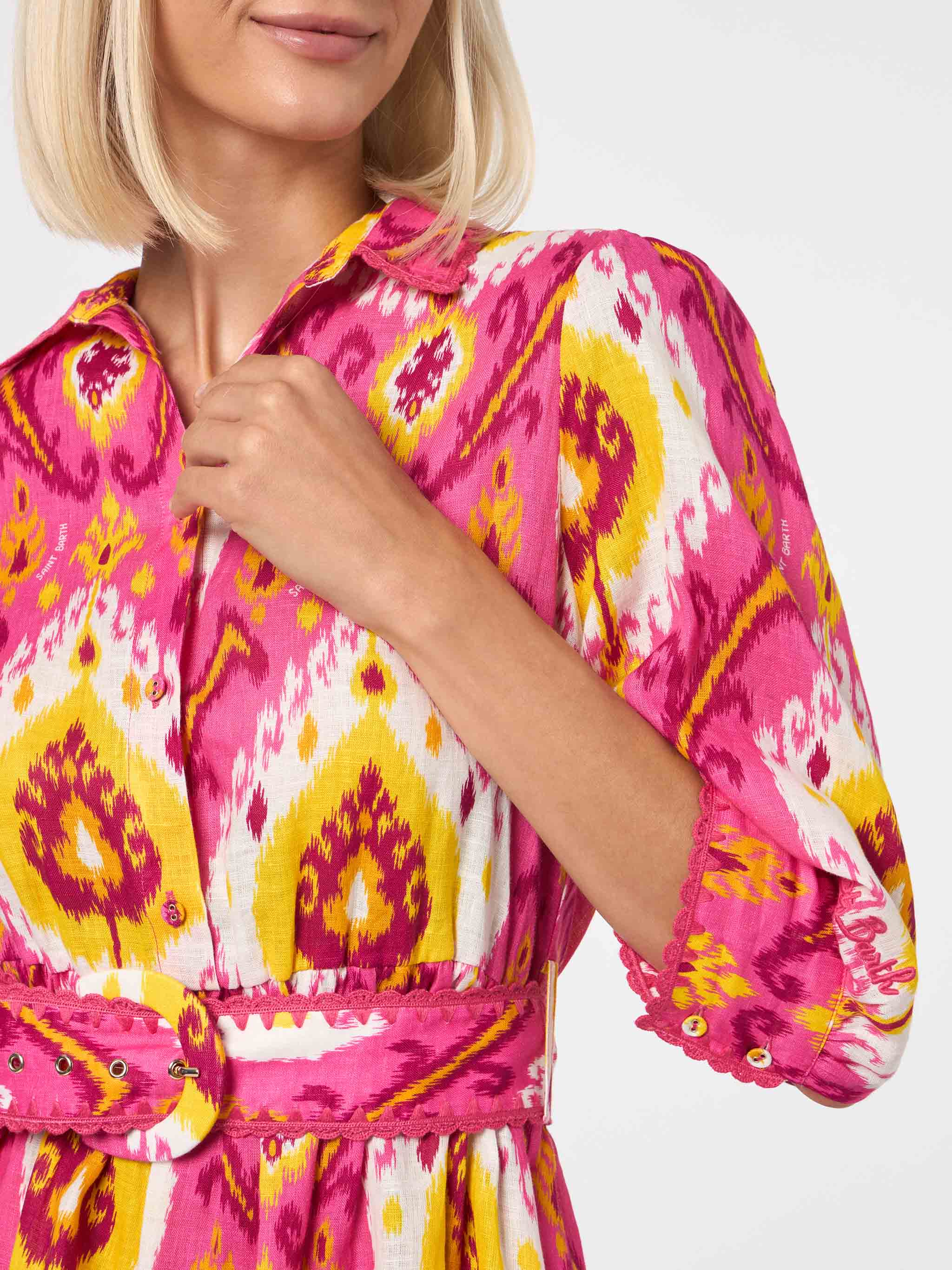 Fuchsia And Yellow Daisi Linen Short Dress With Ikat Print Pink