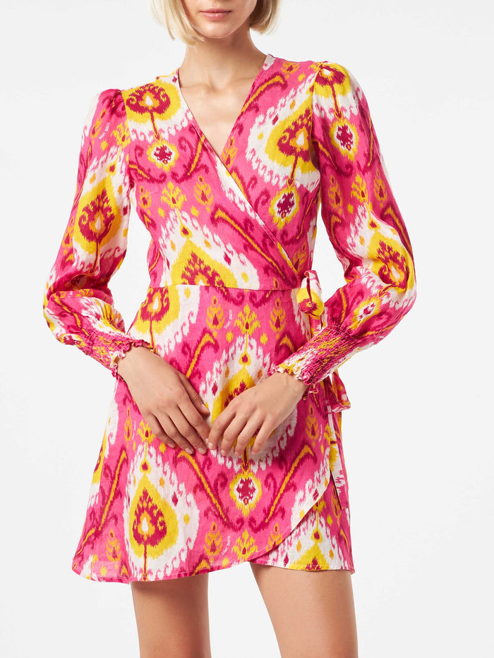 Linen Short Dress Brilly With Ikat Print Pink