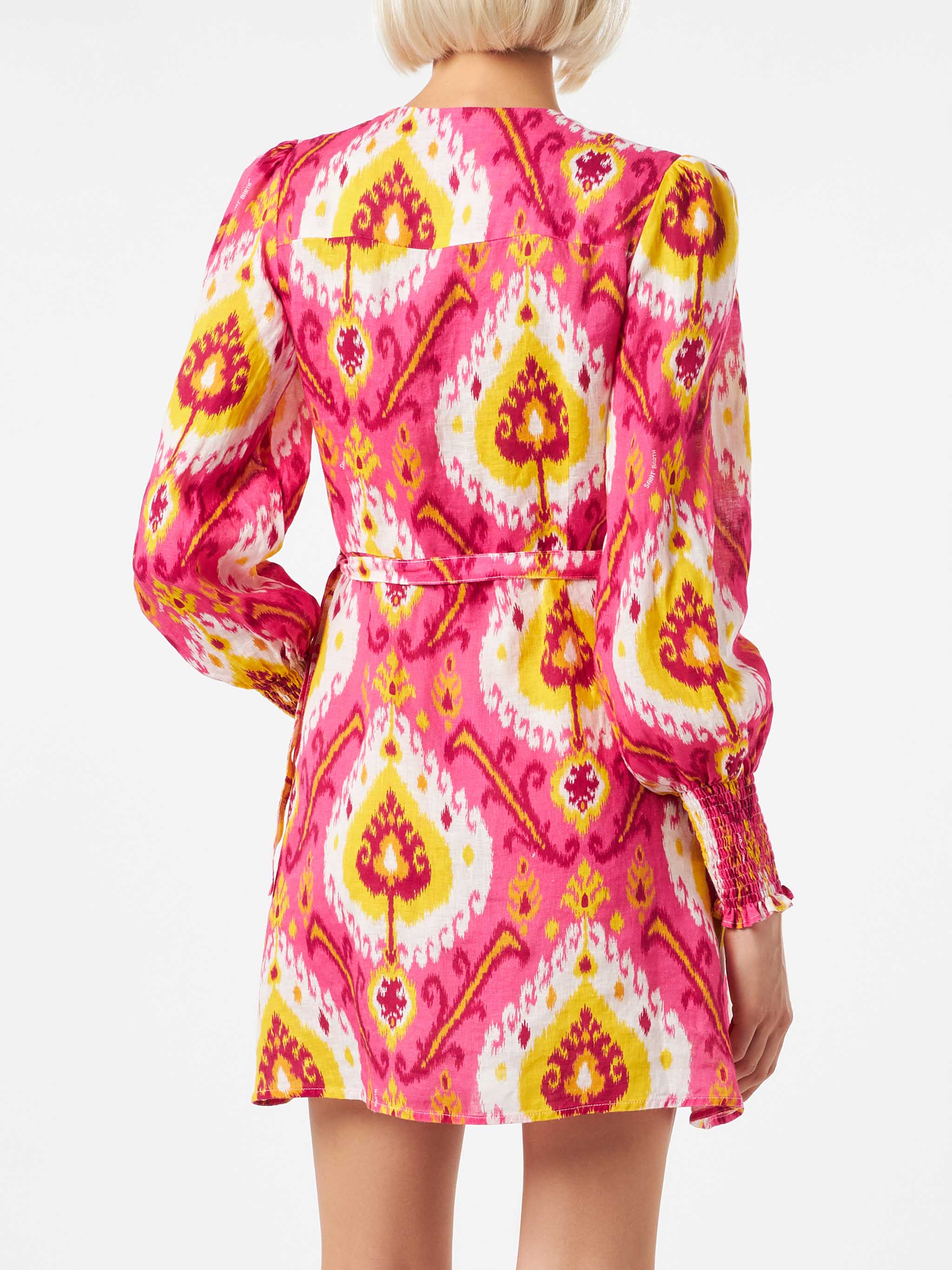 Linen Short Dress Brilly With Ikat Print Pink