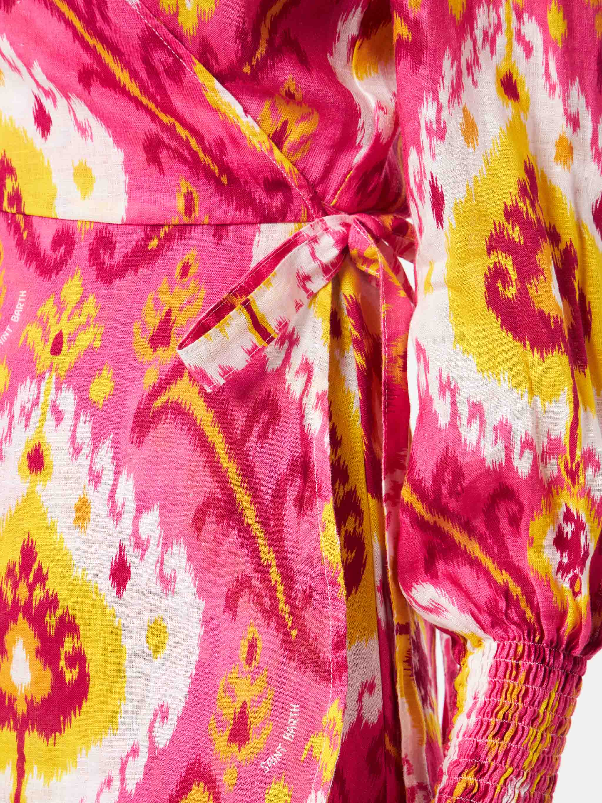 Linen Short Dress Brilly With Ikat Print Pink