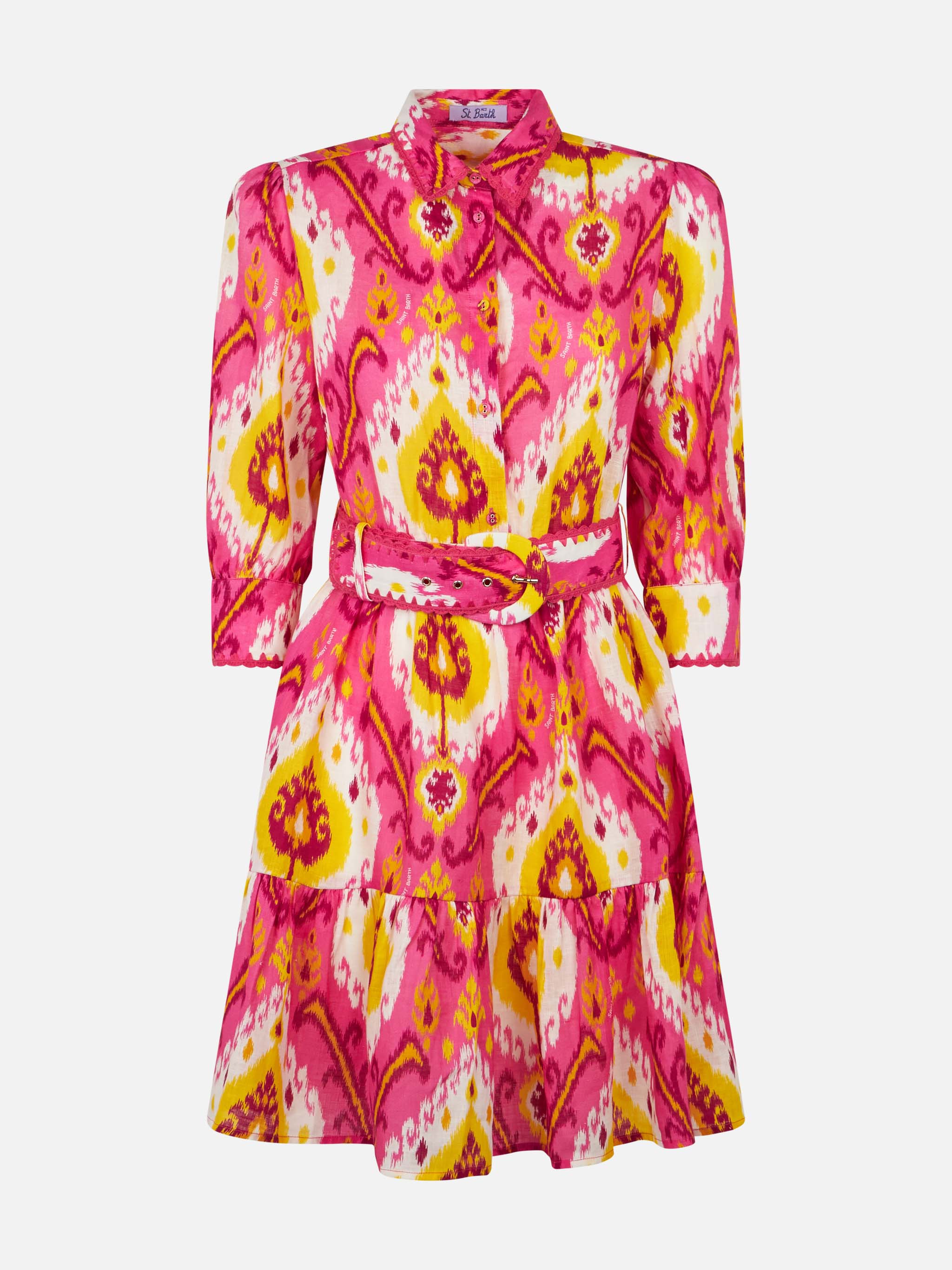 Fuchsia And Yellow Daisi Linen Short Dress With Ikat Print Pink
