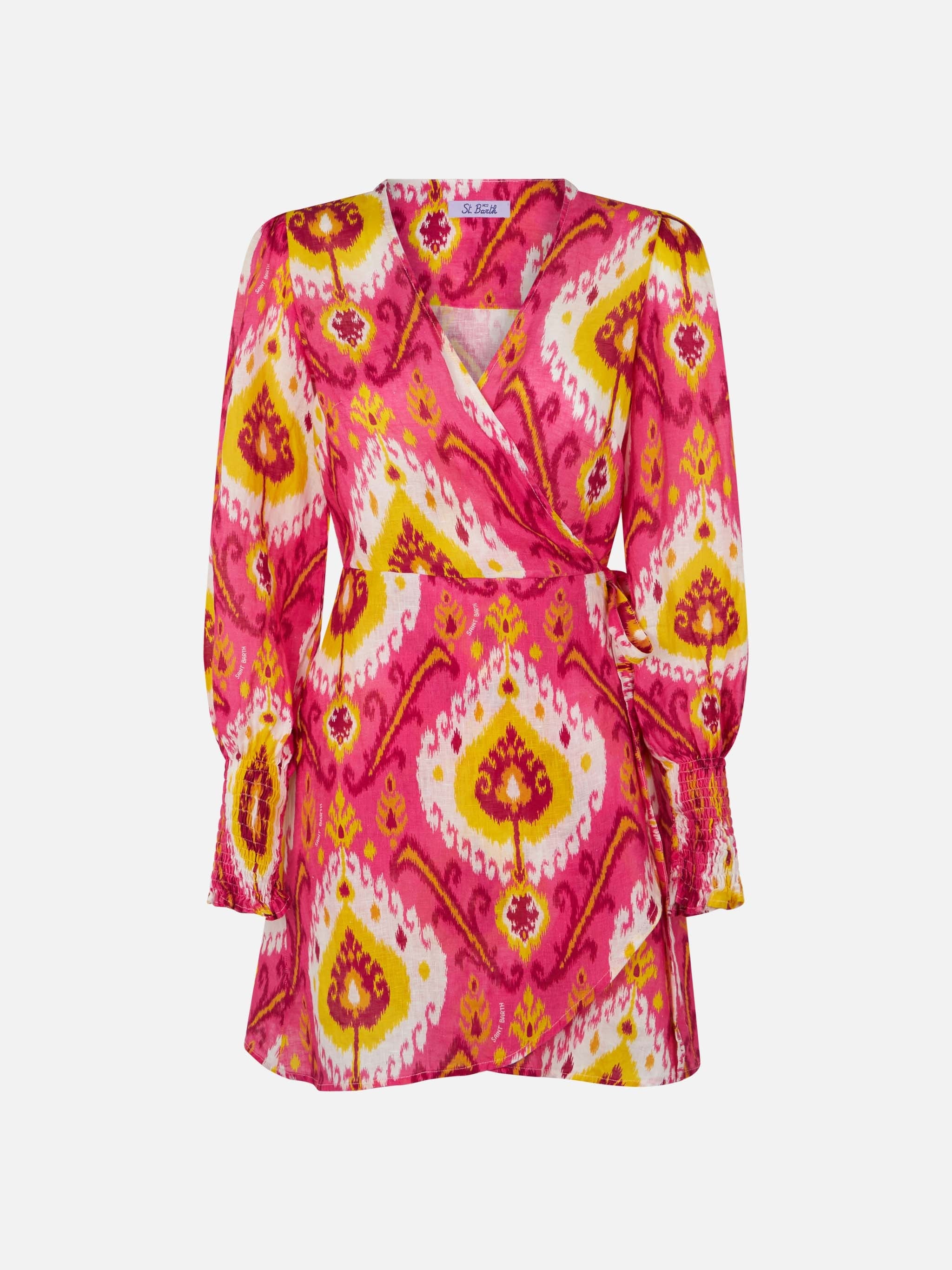 Linen Short Dress Brilly With Ikat Print Pink