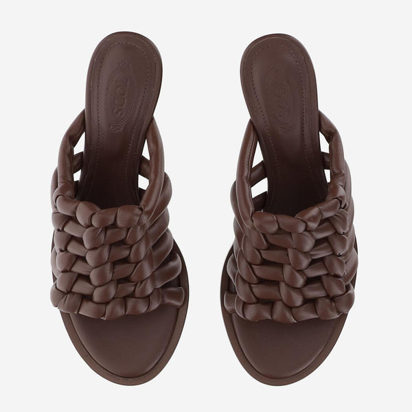 Woven Leather Sandals With Medium Heel Brown Calfskin