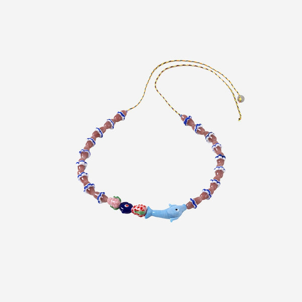 Necklace With Dolphin Charms Multicolour Glass Beads And Fabric