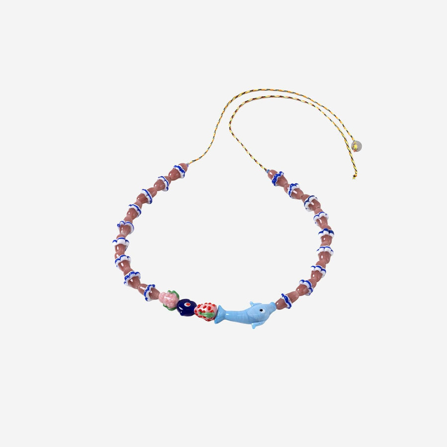 Necklace With Dolphin Charms Multicolour Glass Beads And Fabric