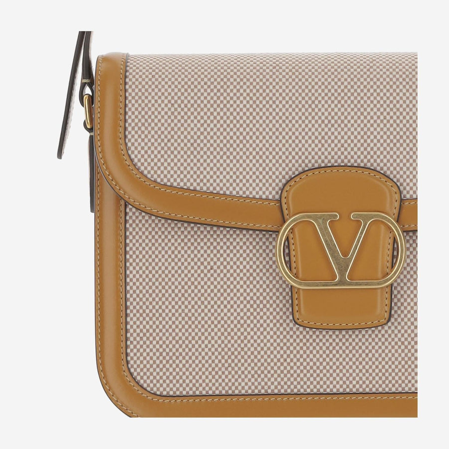 Canvas Shoulder Bag With Leather Trim Beige