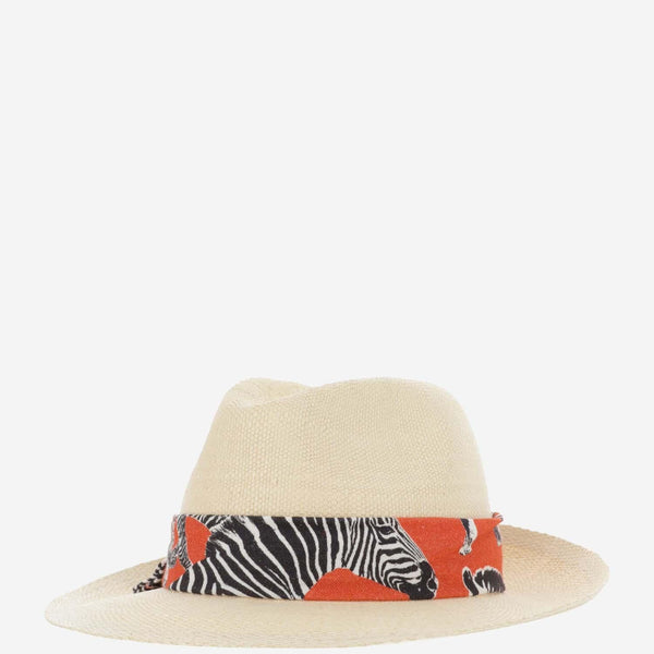 Panama Hat With Zebra Pattern Belt White Raffia