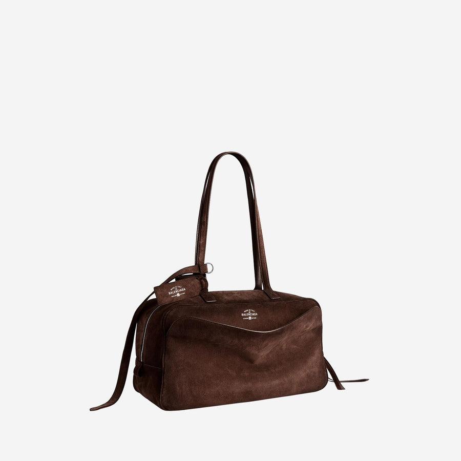 Suede Bowling Bag With Embossed Logo Brown Calfskin Leather Shoulder