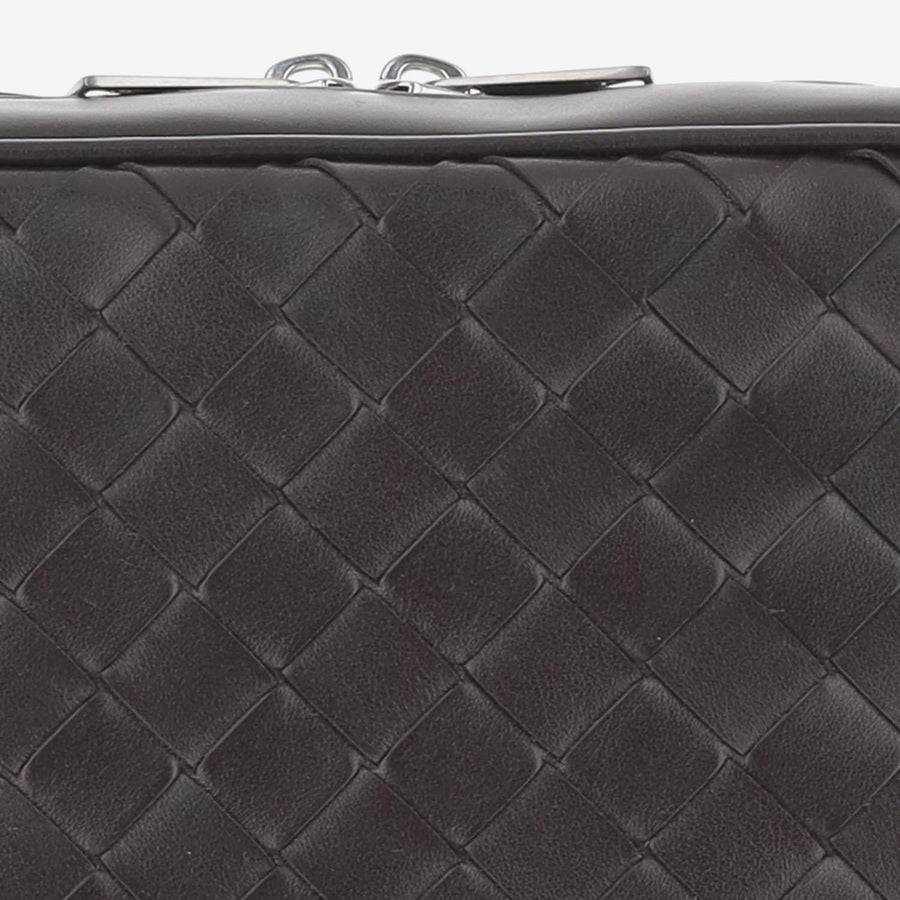 Leather Shoulder Bag, Woven Calfskin Dark Brown Bags