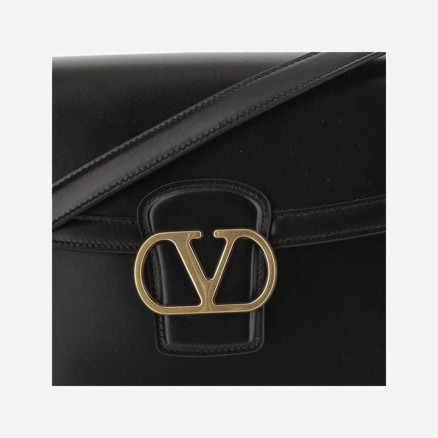 Leather Shoulder Bag With Vlogo Detail Black Calfskin