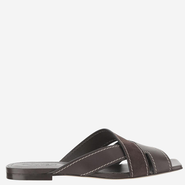 Leather Sandals With Woven Design Brown Calfskin