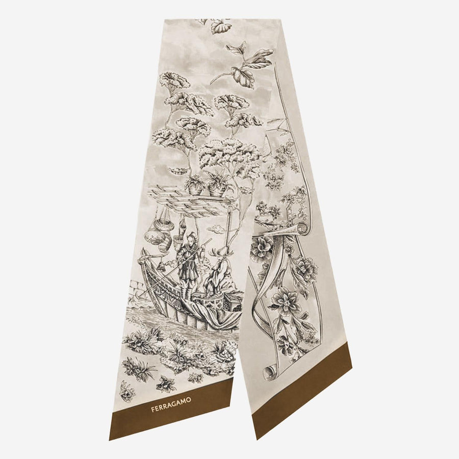 Silk Bandeau Voyage Print Beige Scarf