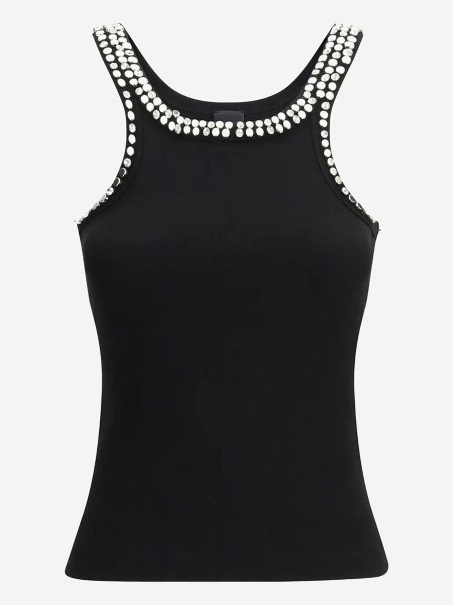 Ribbed Top With Jewel Embroidery, Black Cotton Tops