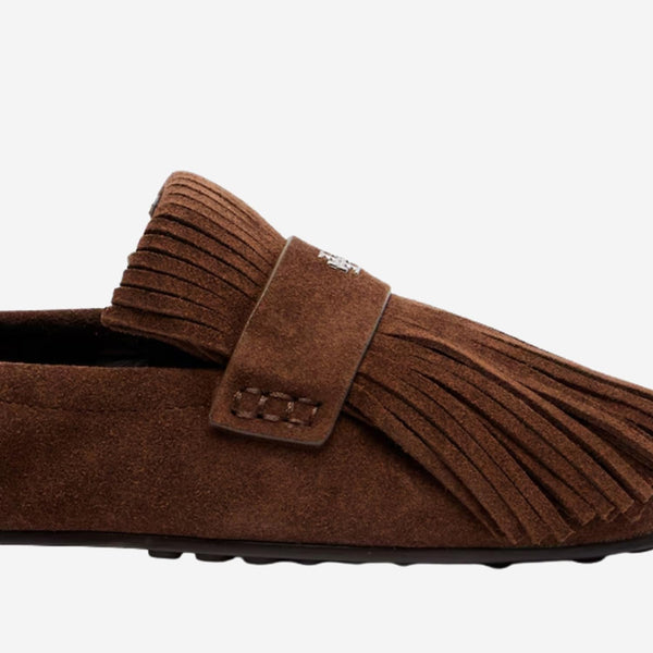 Suede Ballerina Loafers With Fringes Brown