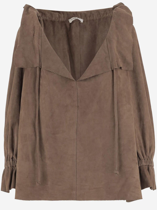 Suede Blouse With Ruffled Neckline Brown Goat Leather Shirt