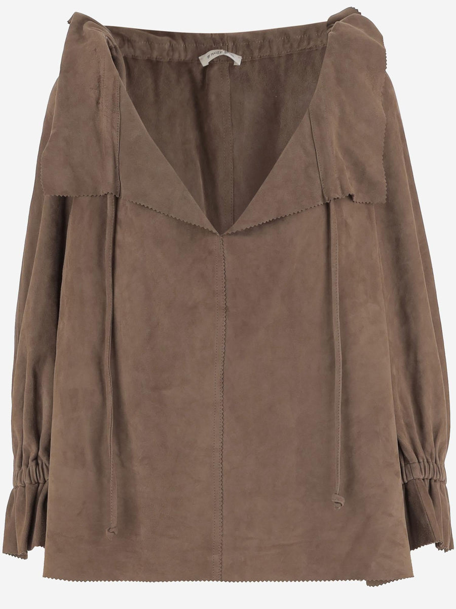 Suede Blouse With Ruffled Neckline Brown Goat Leather Shirt