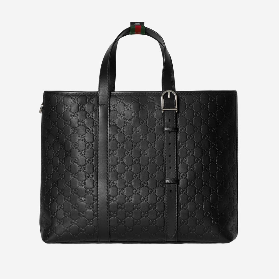 Gg Emblem Tote Bag Black Leather Shoulder