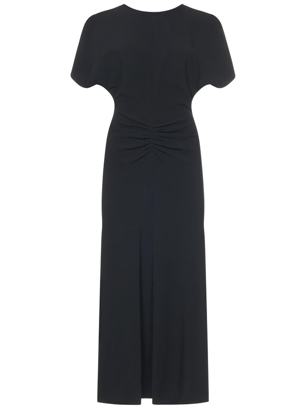 Midi Dress Gathered Waist Black Viscose