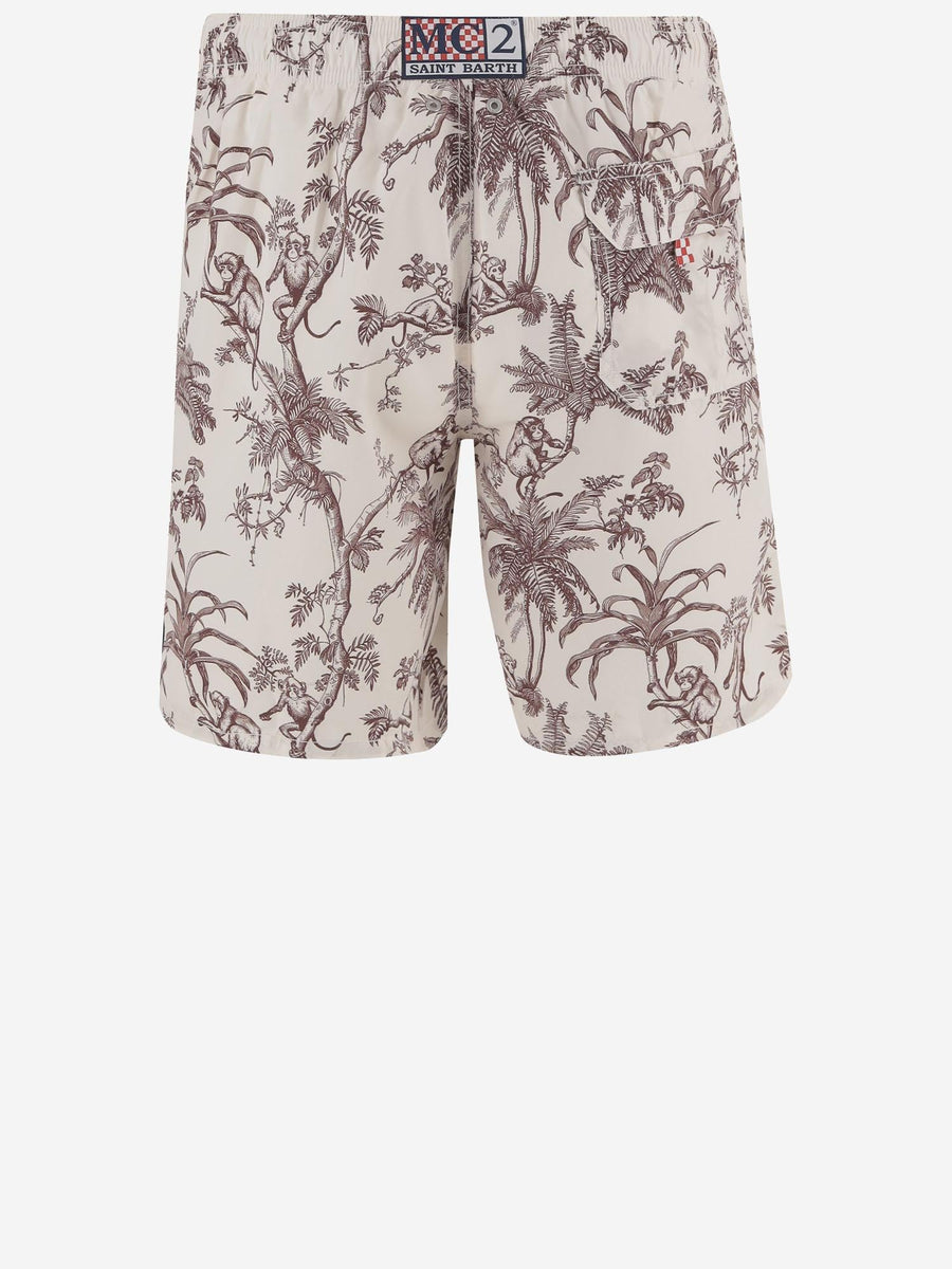 Nylon Swim Shorts Tropical Print Beige Polyester Beachwear