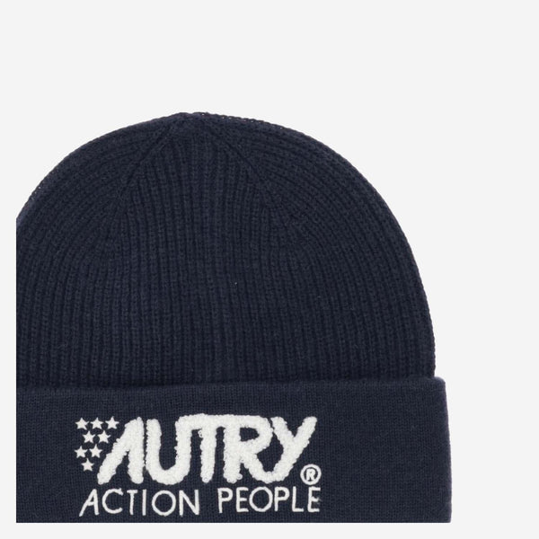Wool Blend Beanie With Logo Navy Polyacrylic Hat