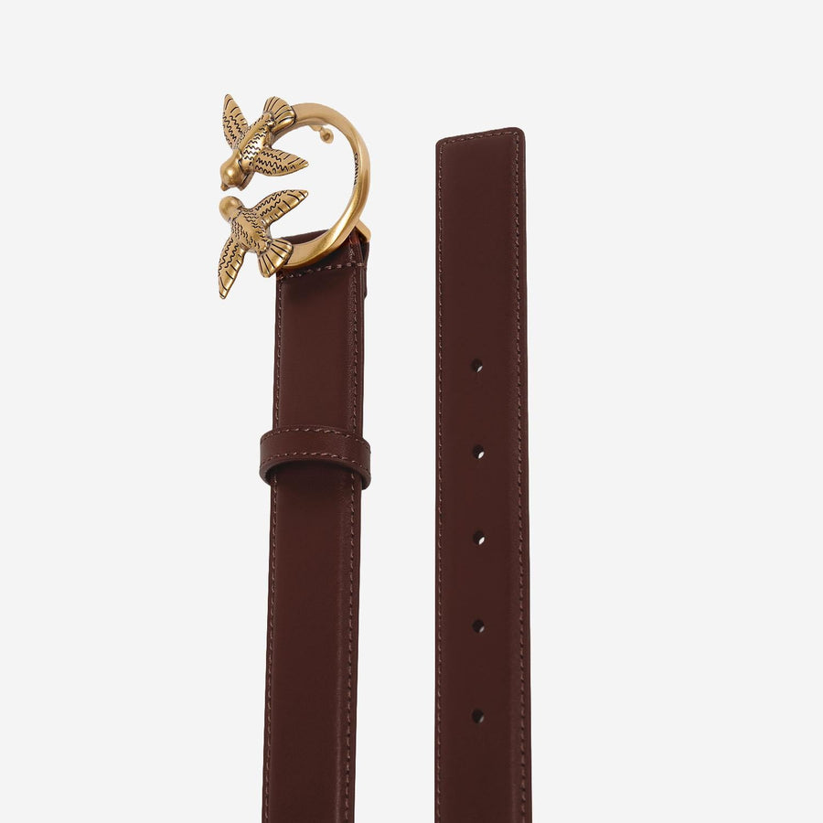 Leather Belt With Love Birds Buckle Brown Calfskin