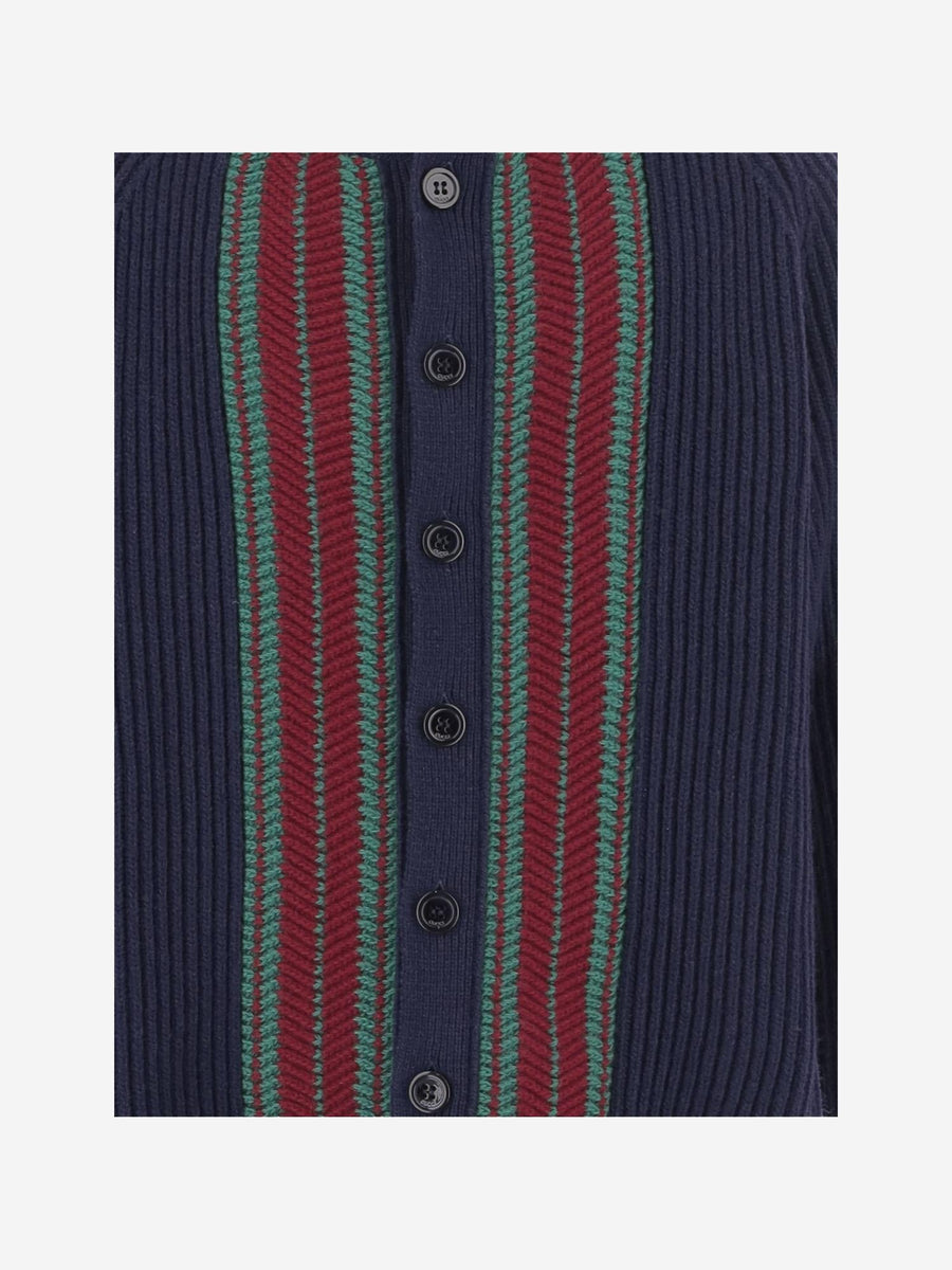 Wool Cardigan With Contrasting Stripes Navy