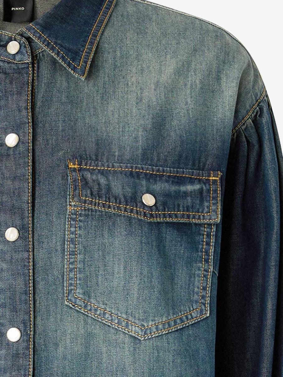 Denim Shirt With Puff Sleeves Blue Cotton