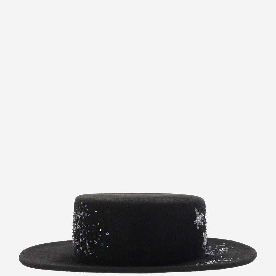 Hat Embroidered Wool Felt Black