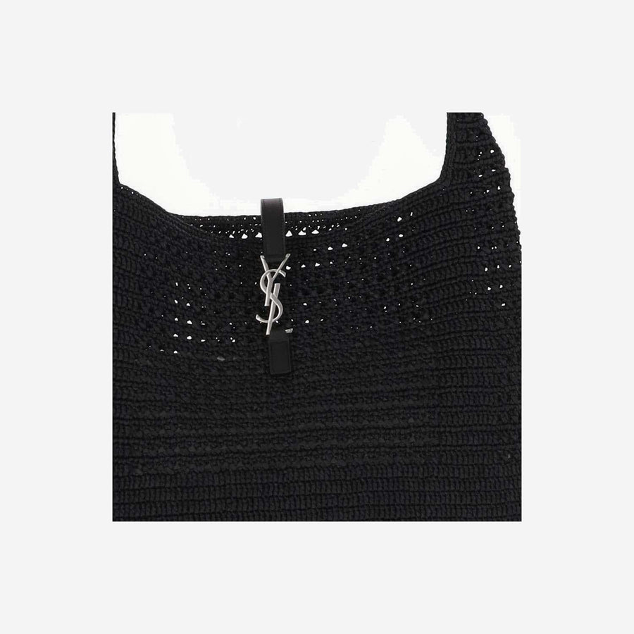 Crocheted Raffia Tote Bag Black Shoulder
