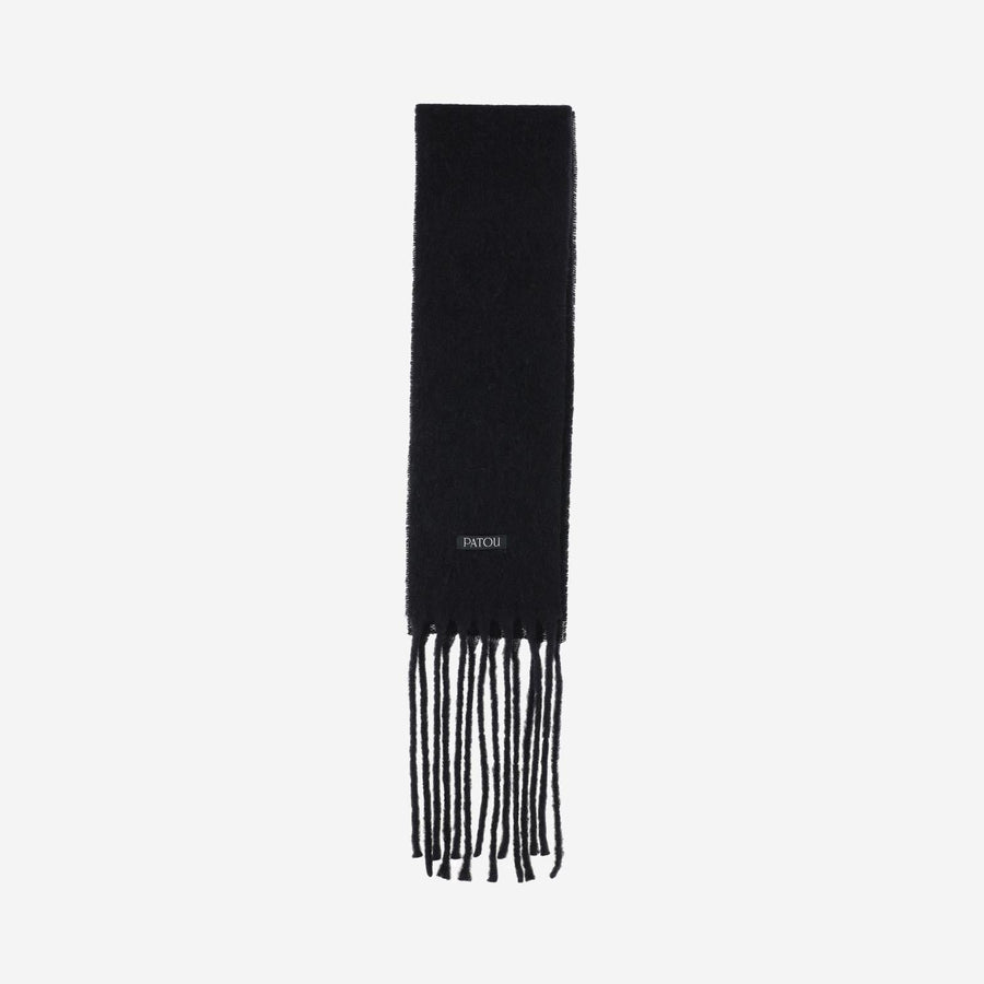 Wool Blend Long Fringe Scarf Black Alpaca