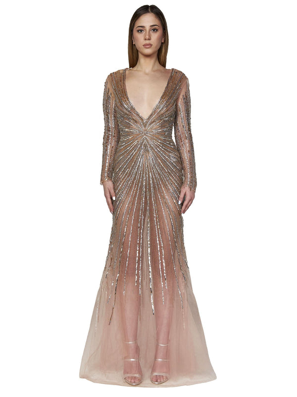 V-Neck Long-Sleeve Dress Gold Polyamide