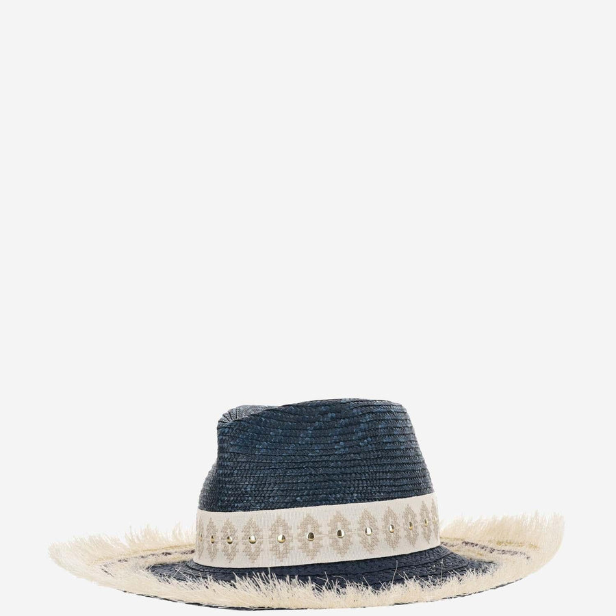 Straw And Viscose Blend Hat With Embroidery Navy