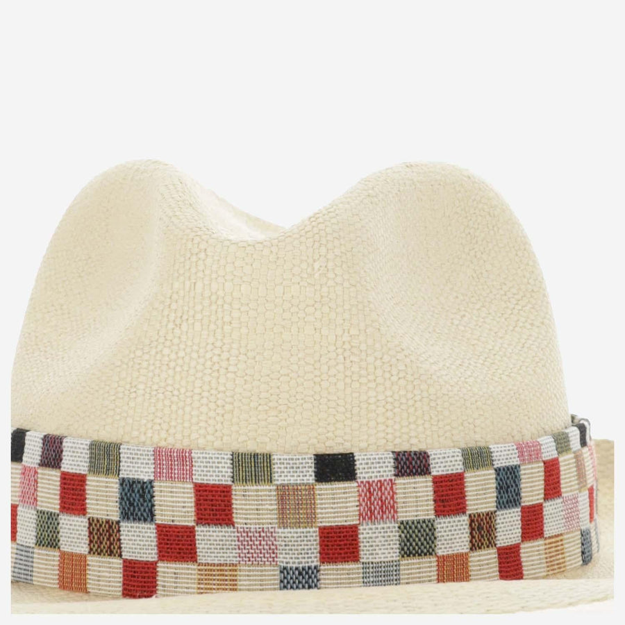 Panama Hat With Geometric Pattern White Raffia