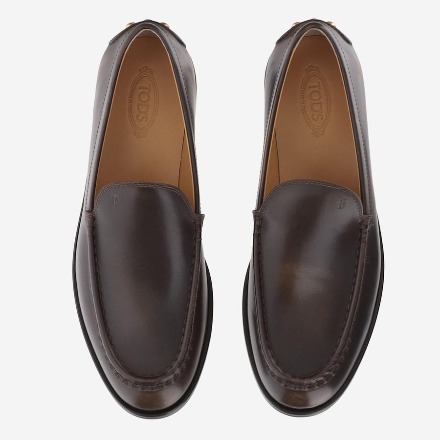 Leather Loafers With Rear Studs — Brown