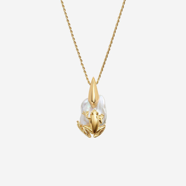 Necklace Frog With Pearl, White Sterling Silver