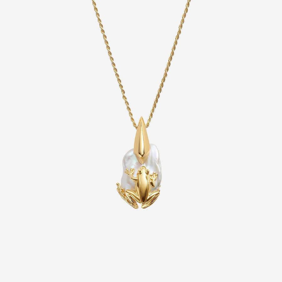 Necklace Frog With Pearl, White Sterling Silver