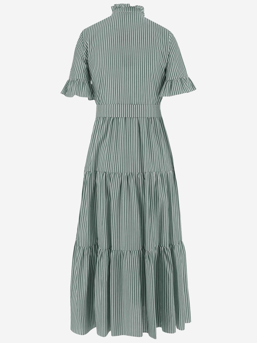 Dress Striped Cotton With Ruffle Collar Green