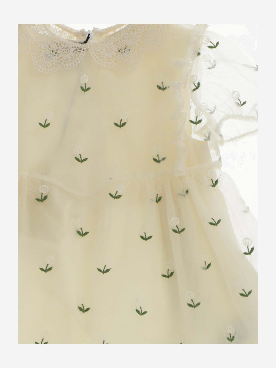 Dress Tulle With Flower Embroidery White Cotton