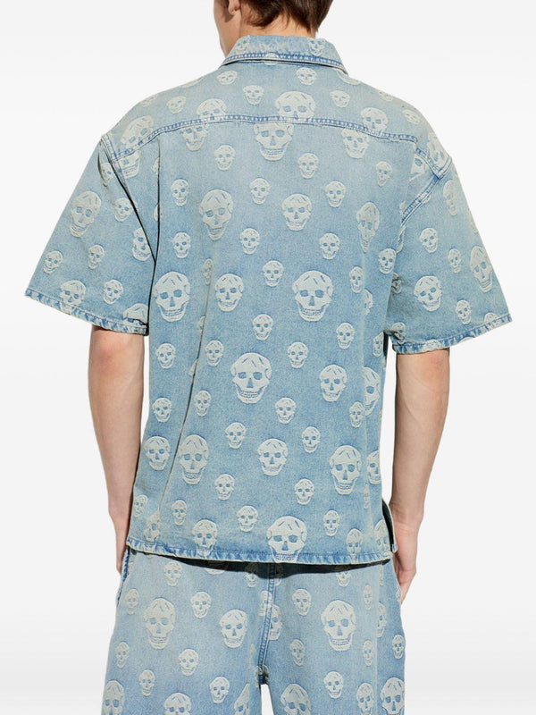 Shirt With Skull Jacquard Light Blue Cotton